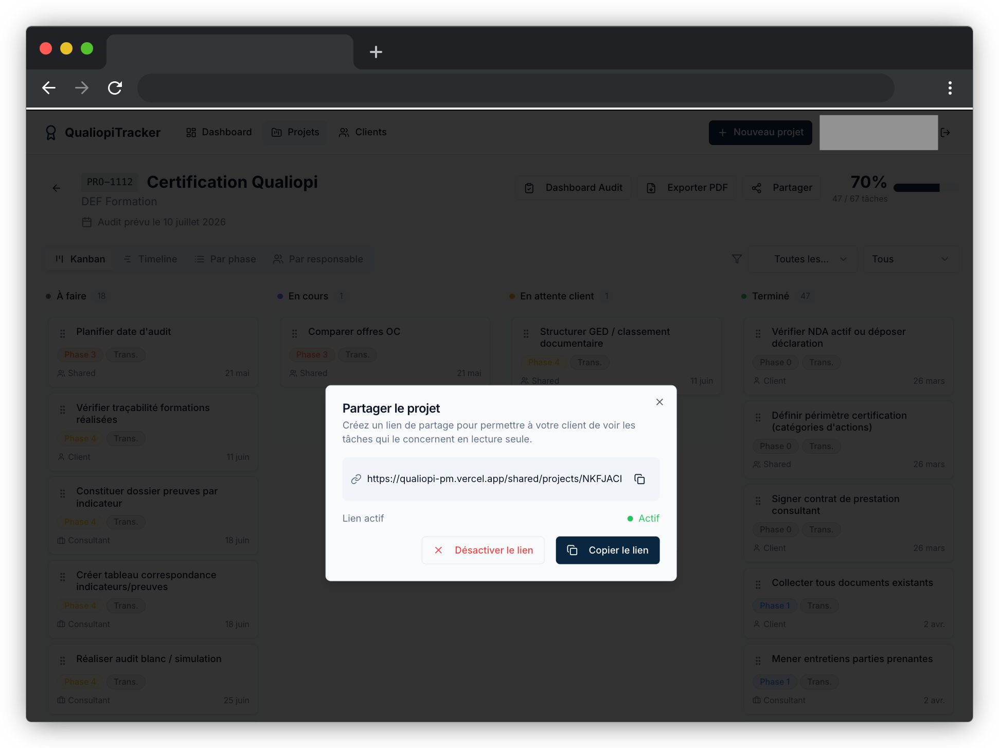 Vue partagée client QualiopiTracker